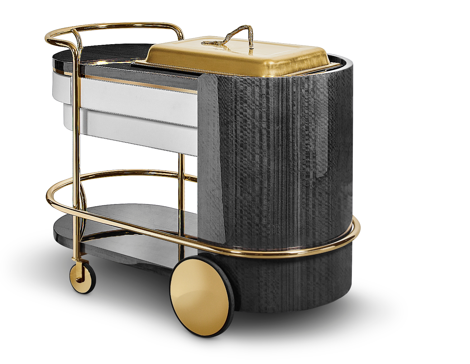 Serving cart with storage shelves and locking caster wheel