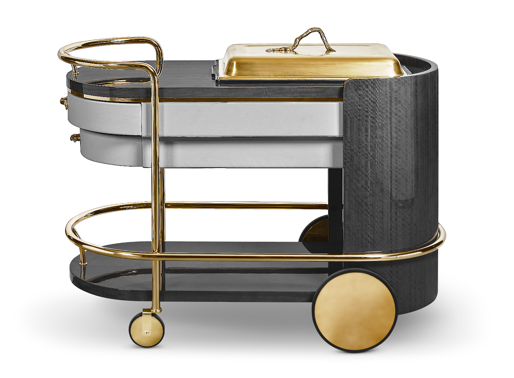 Serving cart with storage shelves and locking caster wheel