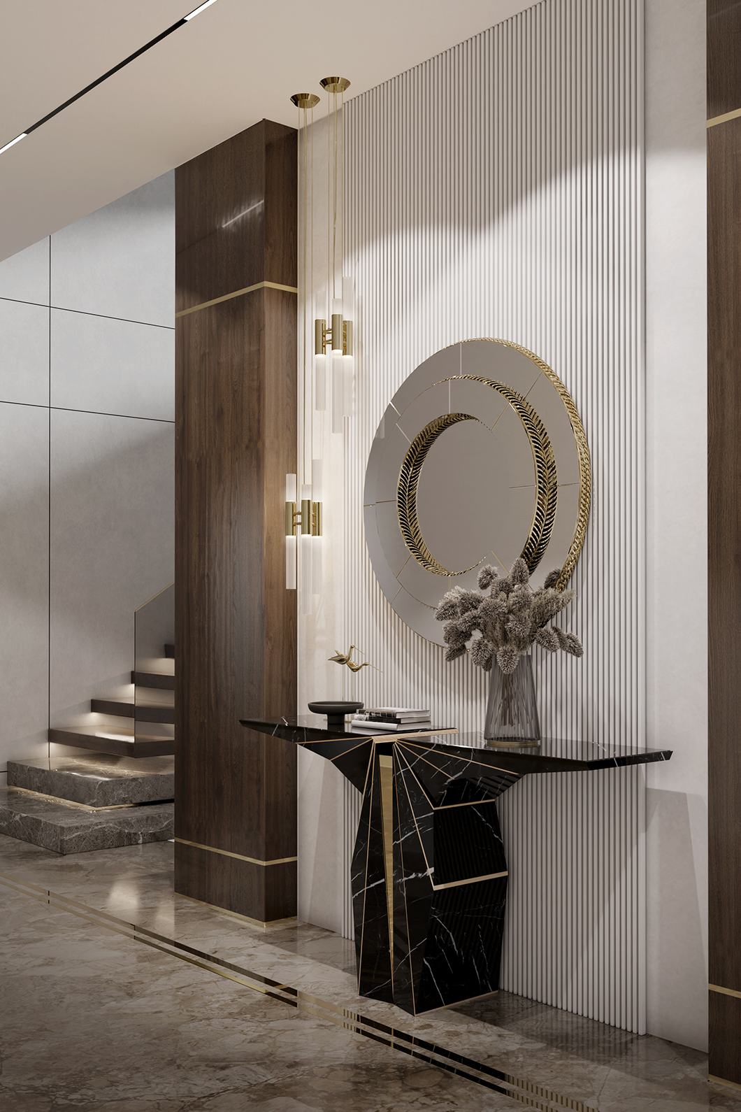 Waterfall pendant light with cascading crystal glass drops and gold finish