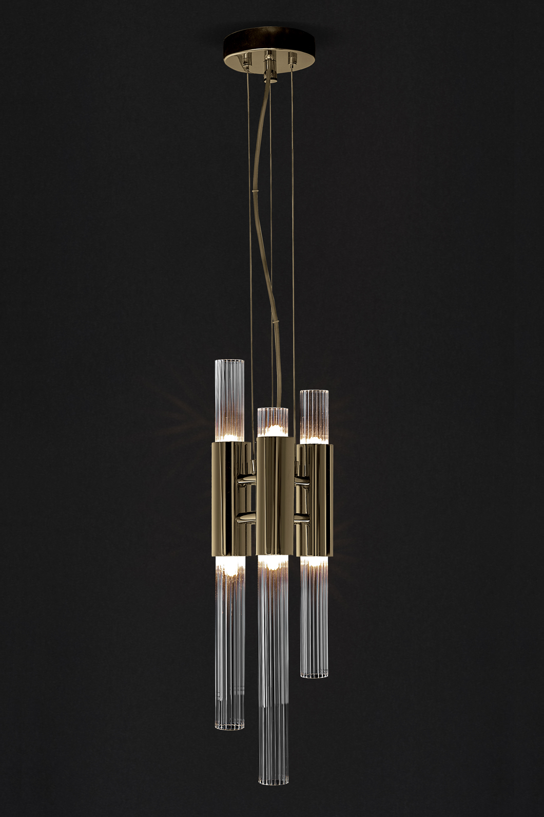 Waterfall pendant light with cascading crystal glass drops and gold finish