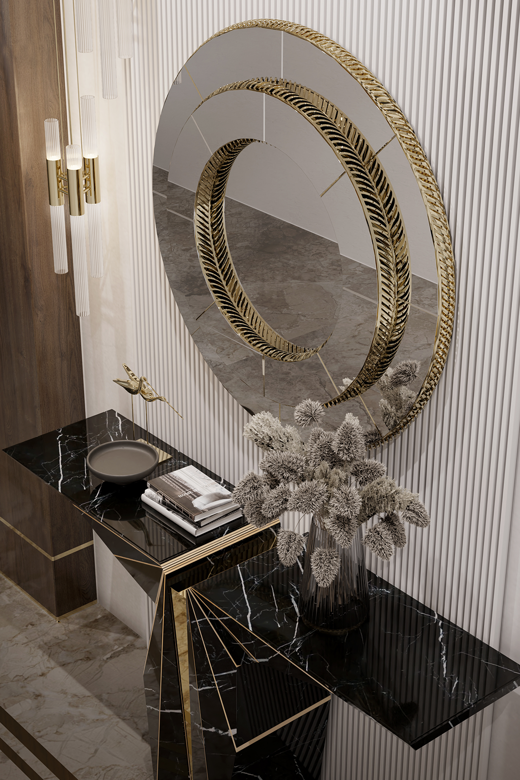 Waterfall pendant light with cascading crystal glass drops and gold finish