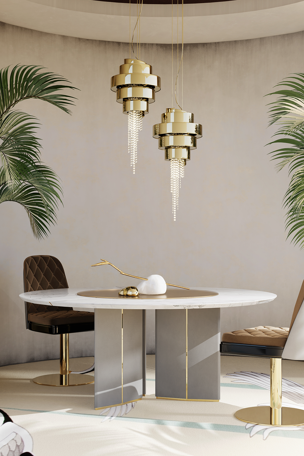 Guggenheim pendant light hanging in luxury living room with contemporary interior décor