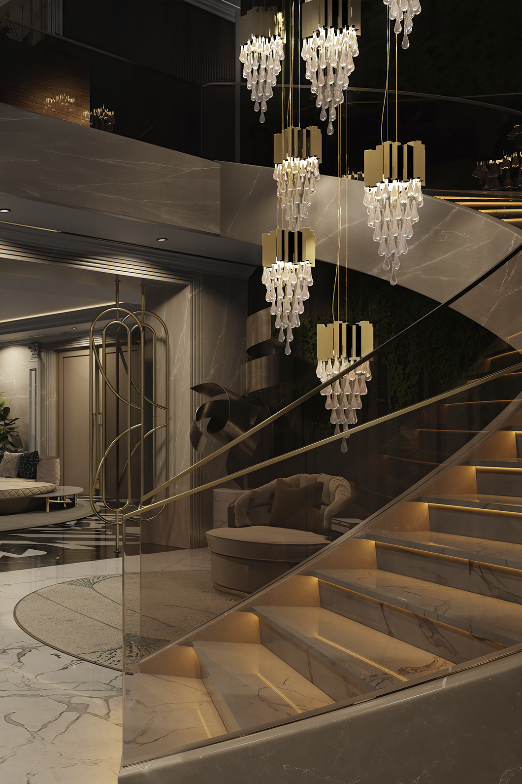 Trump pendant light illuminating modern living room interior