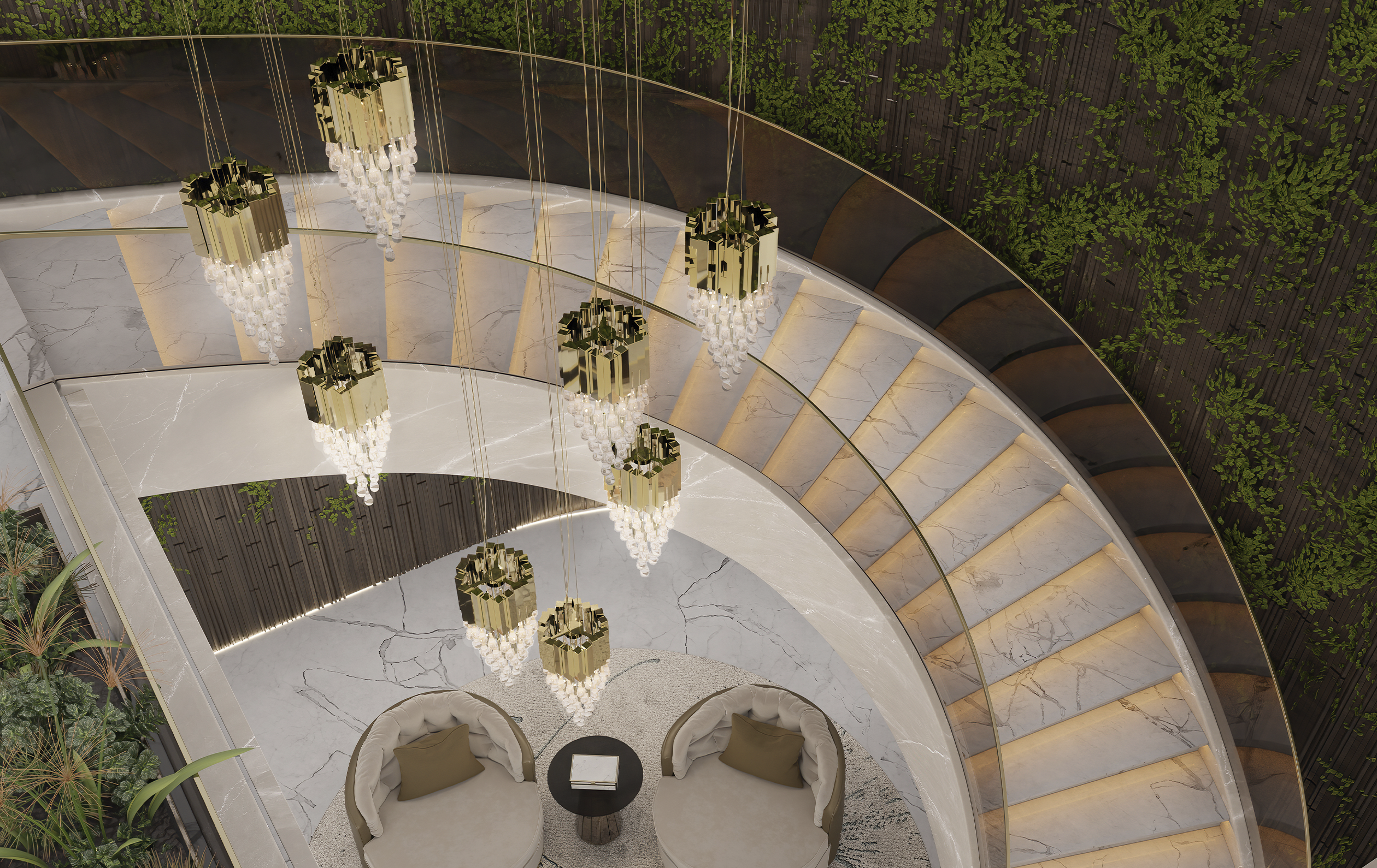 Trump pendant light illuminating modern living room interior