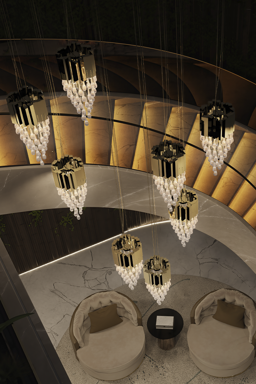 Trump pendant light illuminating modern living room interior