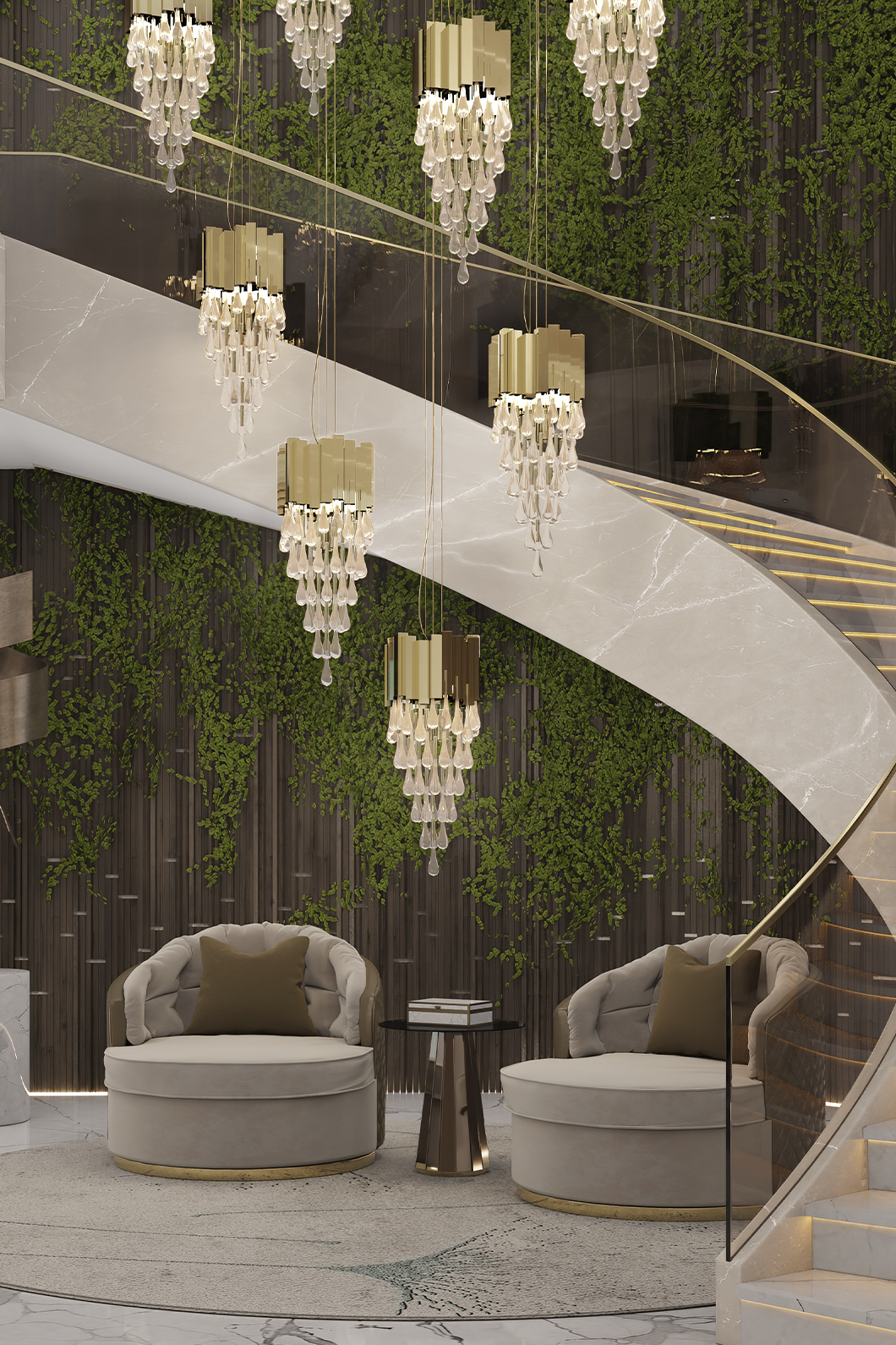 Trump pendant light illuminating modern living room interior