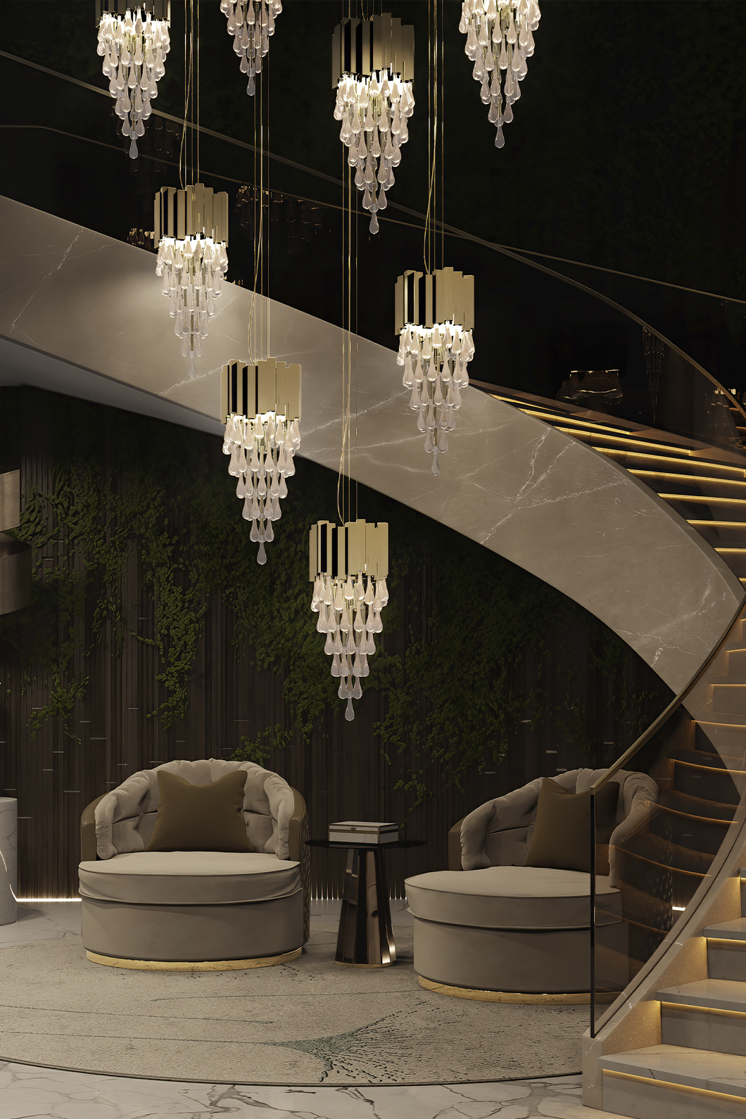 Trump pendant light illuminating modern living room interior