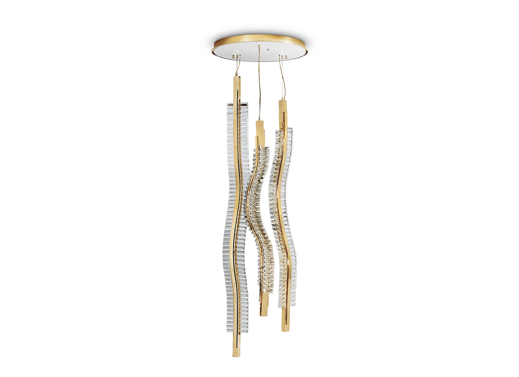Liwave chandelier illuminated, showcasing warm LED lighting and reflective crystals
