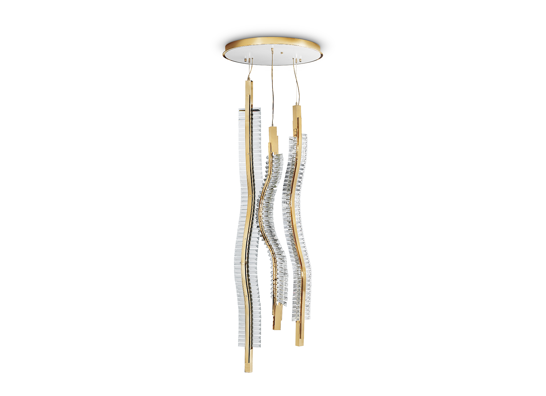 Liwave chandelier illuminated, showcasing warm LED lighting and reflective crystals